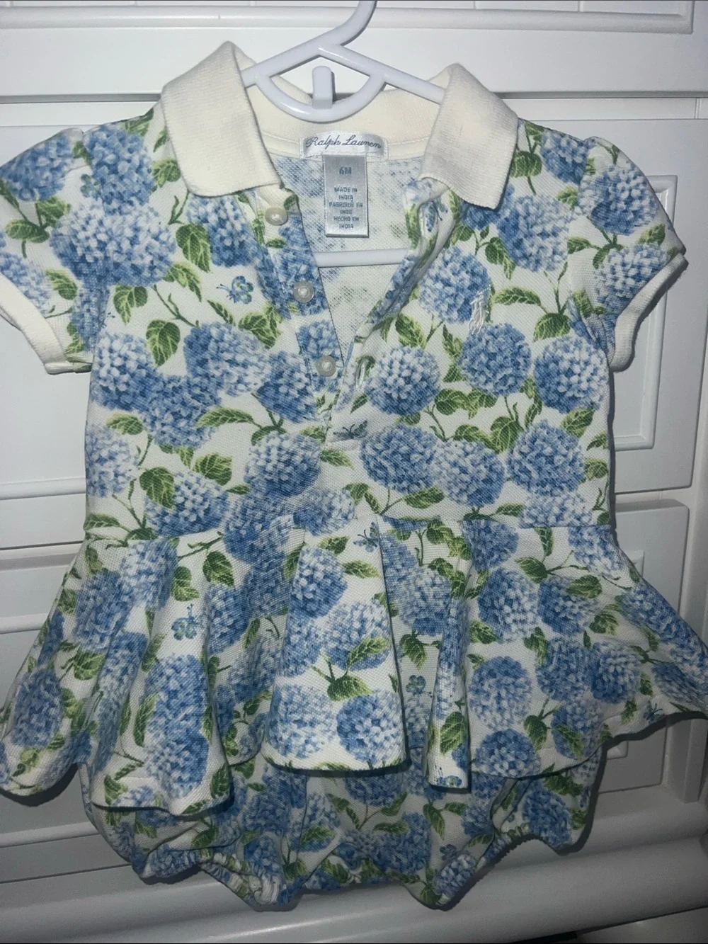 New Ralph Lauren Baby Girls Blue Hydrangea Polo Dress one piece formal 6M new